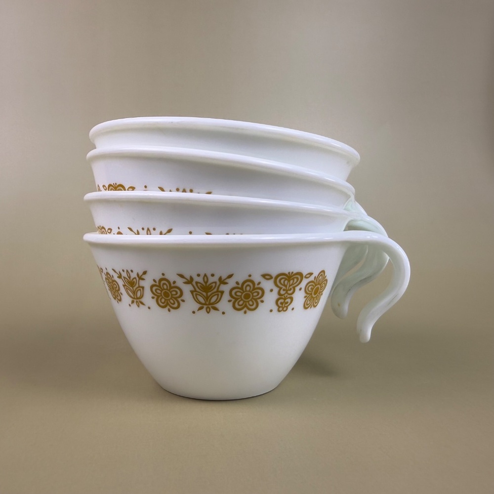 Vintage Pyrex Butterfly Gold Cups – Set of 4 | White Milk Glass